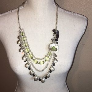 Multi strand silver and green necklace